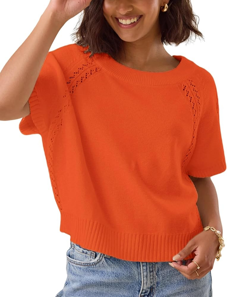 Yeokou Women Short Sleeve Sweater Crewneck Knit Pullover Top Loose Fall Casual Crochet Blouse Shi... | Amazon (US)