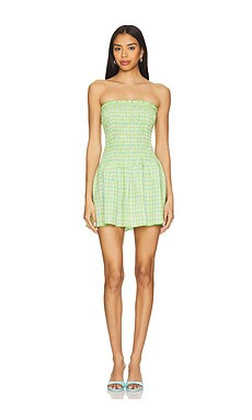 Apres Studio Strapless Ruched Mini Dress in Citrus Plaid from Revolve.com | Revolve Clothing (Global)