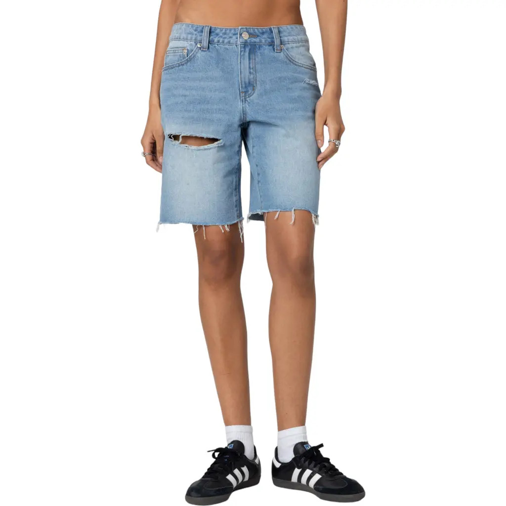 EDIKTED Riptide Ripped Denim Bermuda Shorts in Blue-Washed at Nordstrom, Size Medium | Nordstrom