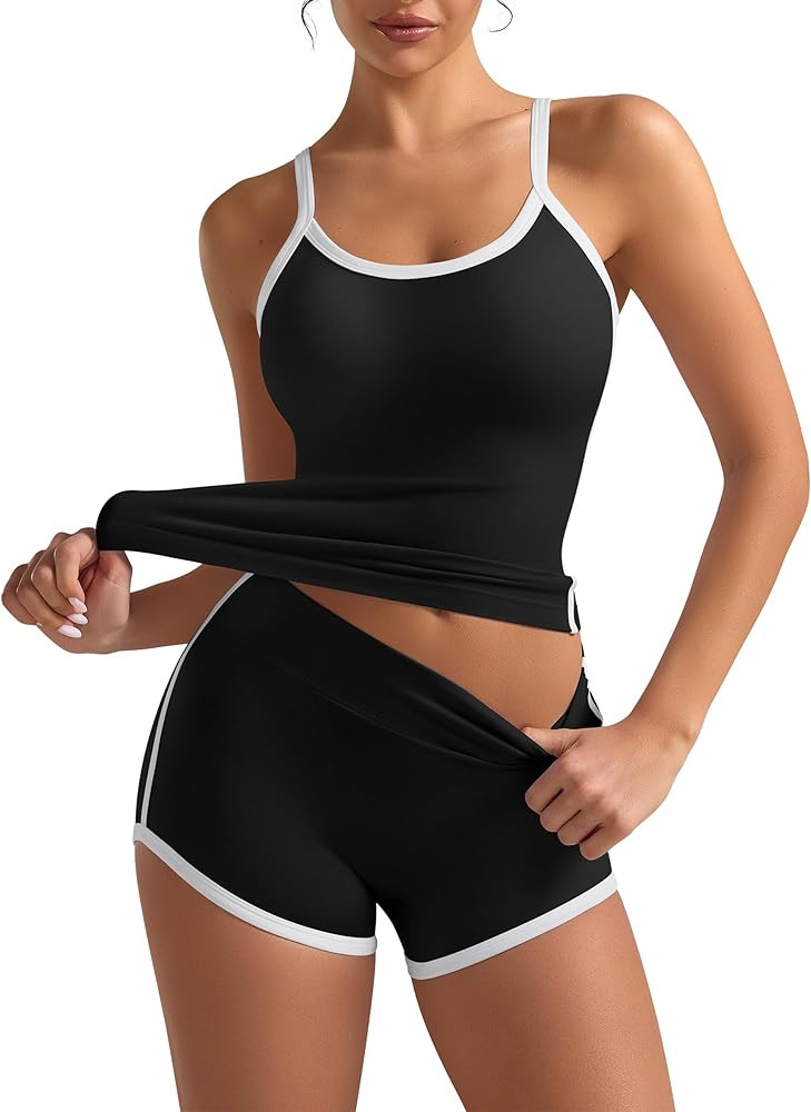 Womens Workout Sets 2 Piece Contrast Trim Cami Tank Top Mini Gym Shorts Adjustable Strap Yoga Cas... | Amazon (US)