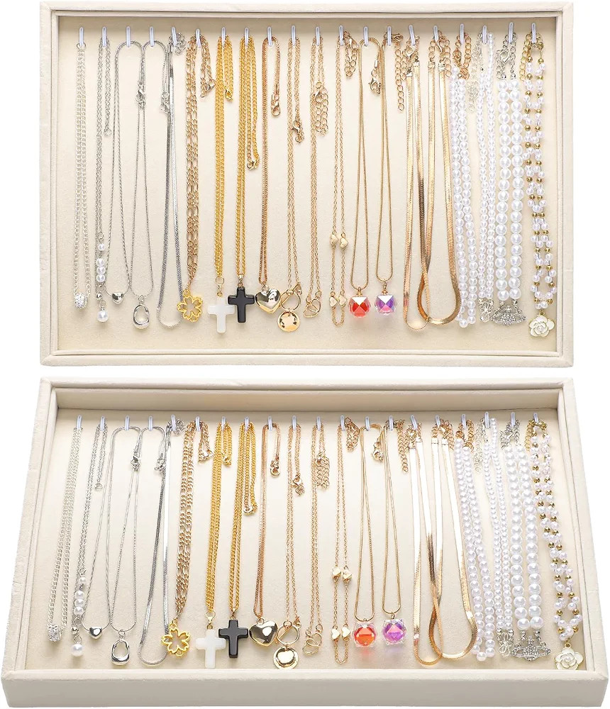 Ewen 2PC Necklace Organizer Tray with Hooks 14x9.6x1.18in Velvet Stackable | Amazon (US)