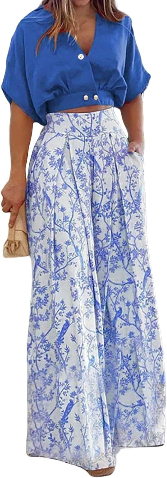 Kubbon Floral 2 Piece Outfit for Women Batwing Sleeve V Neck Crop Tops and Wide Leg Boho Pants Se... | Amazon (US)
