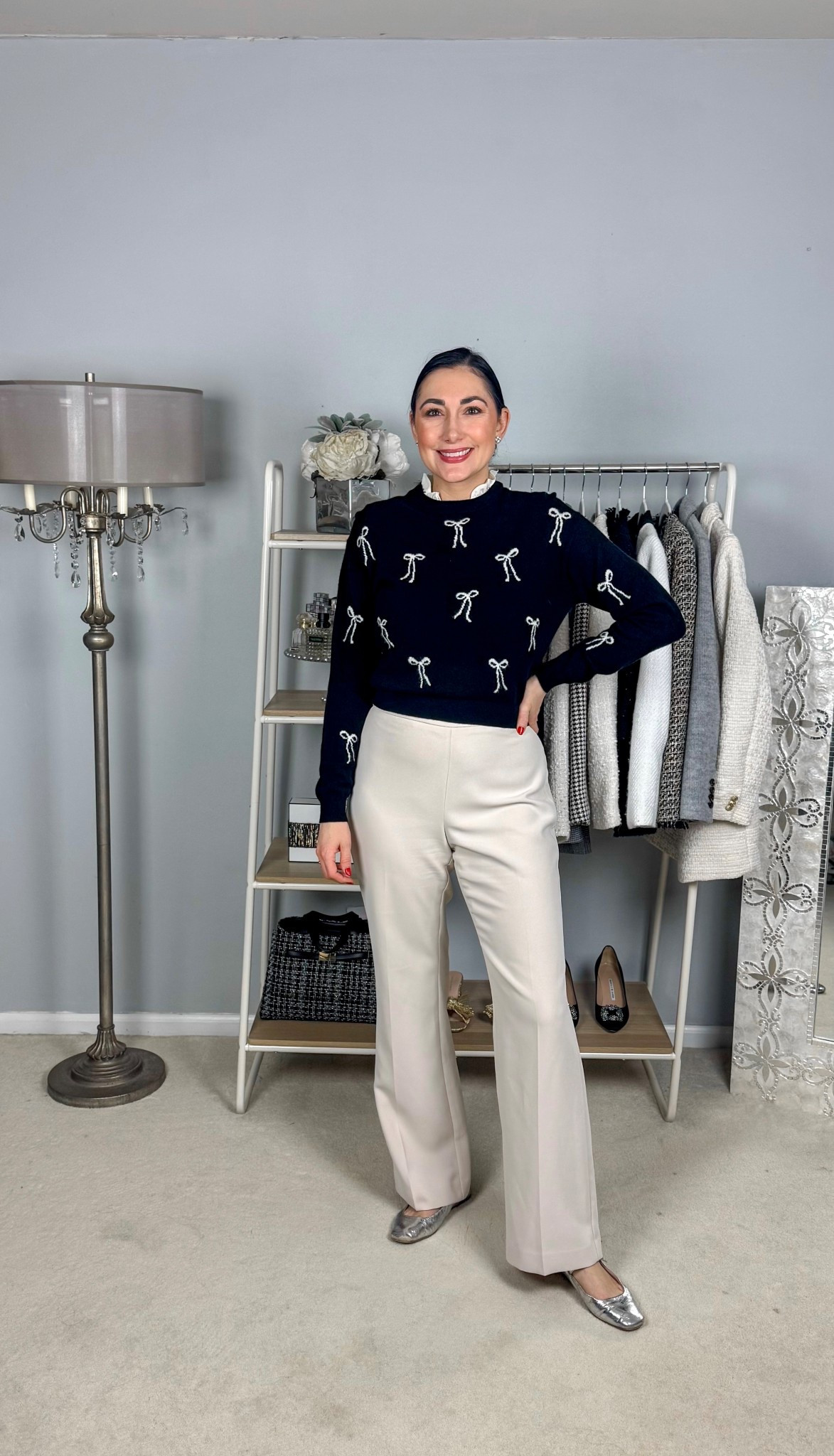 Winter work outfit 🖤🤍

Bow print cashmere sweater size small, TTS (31% off)
Cream pants size 4 curvy, TTS (40% off) 
Silver ballet flat Mary Jane’s size 7, TTS

Work wear 
Office outfit
Business casual 
Holiday outfit 

#LTKootd #LTKSaleAlert #LTKWorkwear