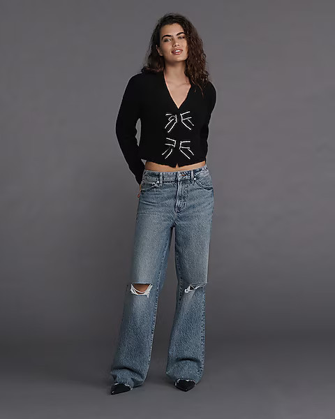 High Waisted Medium Wash 50/50 Rigid Stretch Ripped Wide Leg Jeans | Express