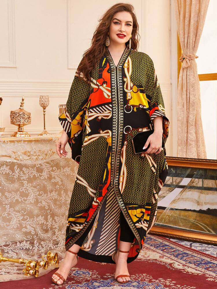 Plus Chevron And Chain Print Kaftan Dress | SHEIN