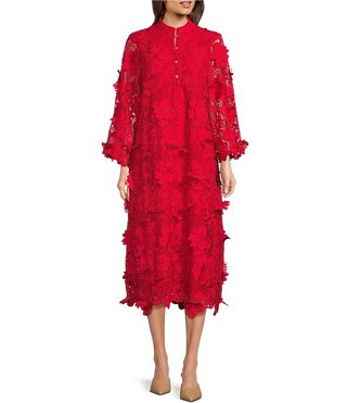 J.Marie Seraphina Floral Long Sleeve 3D Lace Mandarin Collar Midi Dress | Dillard's | Dillard's