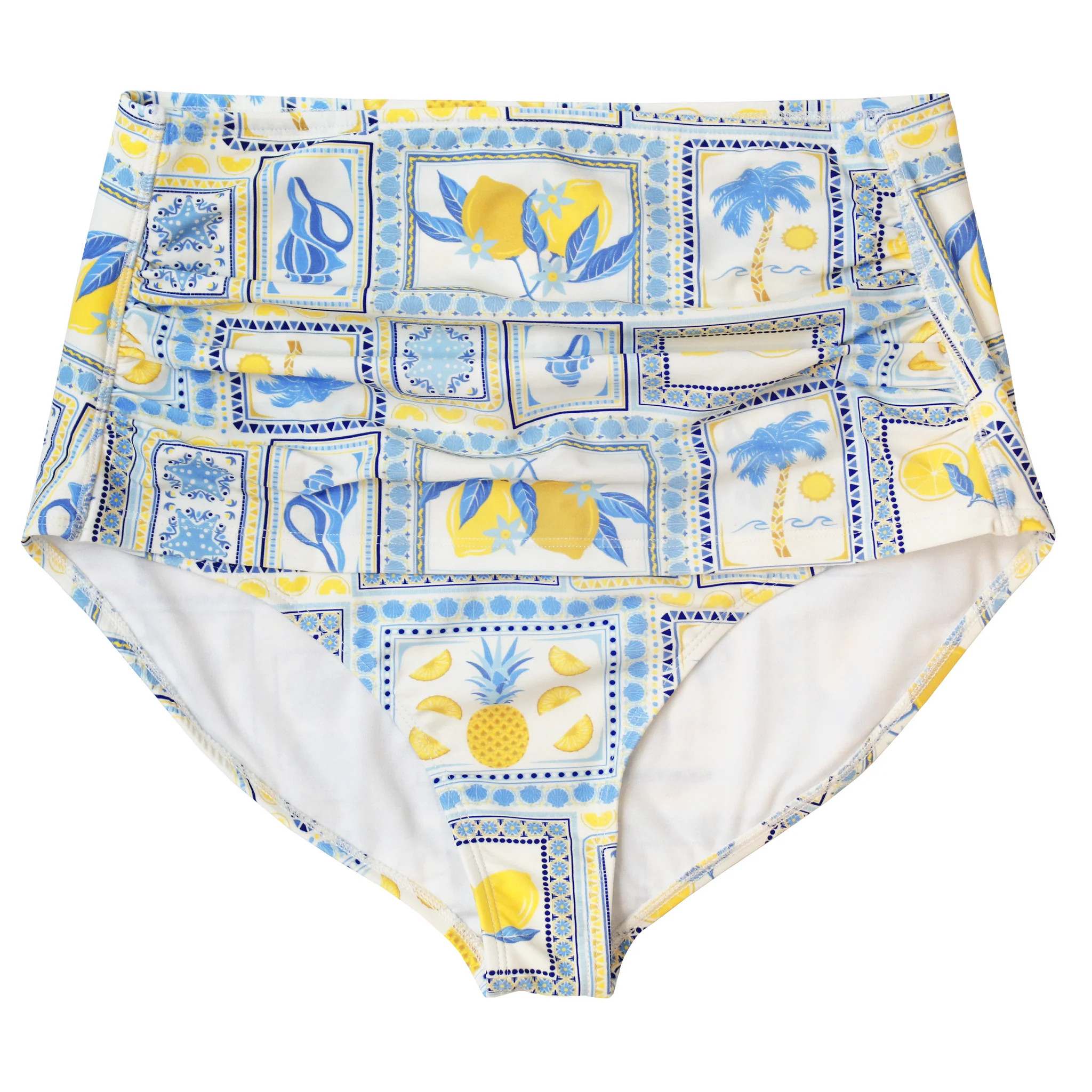 Women's High Waist Bikini Bottoms Ruched | "Mediterranean Lemons" | SwimZip