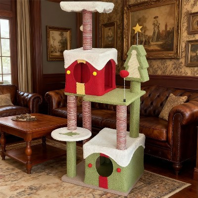 Okak Freestanding Wide Christmas Cat Tree Tower for Indoor,Cat Condo Climbing Frame with House & Perch Platforms & Scratching Posts,Green | Target