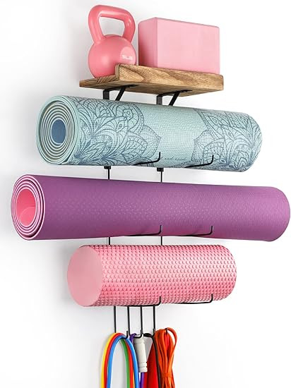 Yoga Mat Holder Accessories Wall Mount Organizer Storage Decor Foam Roller and Towel Storage Rack... | Amazon (US)