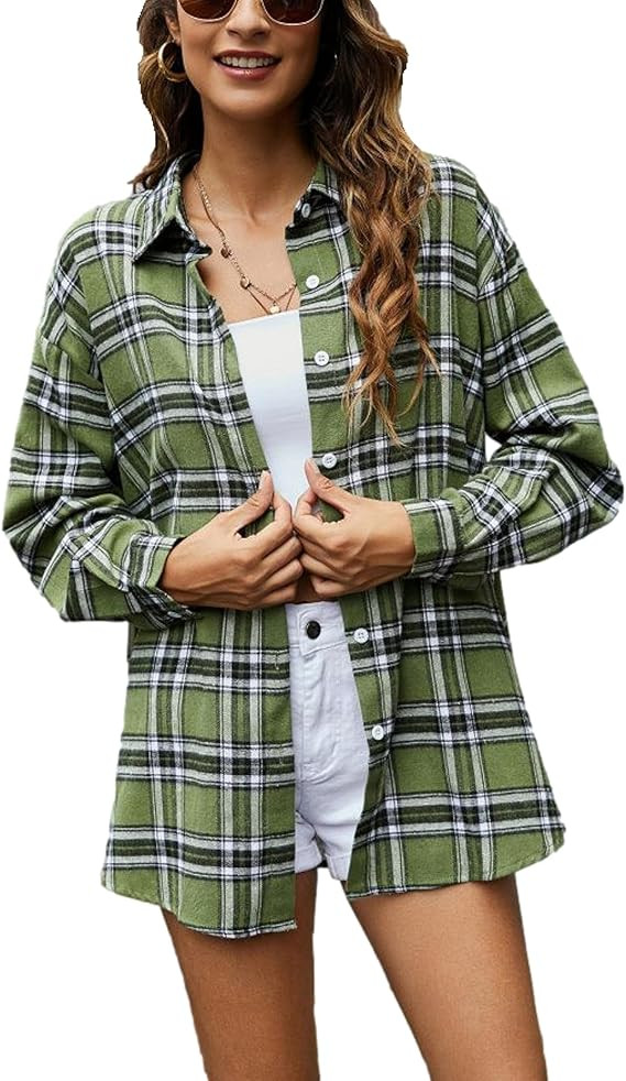 HangNiFang Womens Flannel Plaid Shirts Oversized Lightweight Button Down Shirts Blouse | Amazon (US)