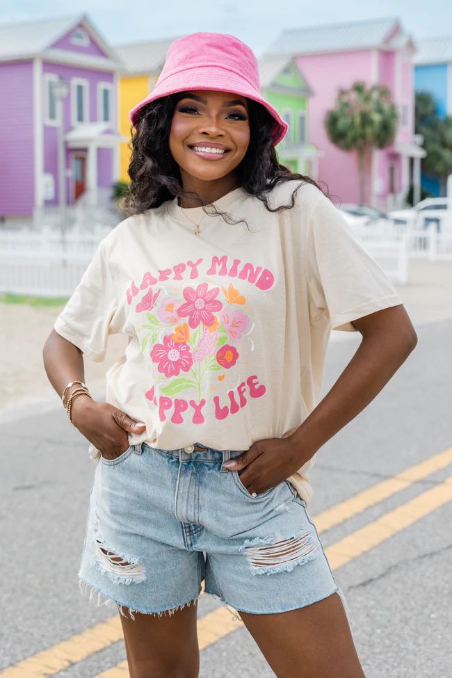 Happy Mind Happy Life Ivory Oversized Graphic Tee | Pink Lily
