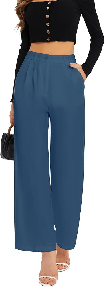 FUNYYZO Wide Leg Pants Women's High Elastic Waisted in The Back Business Work Trousers Long Strai... | Amazon (US)