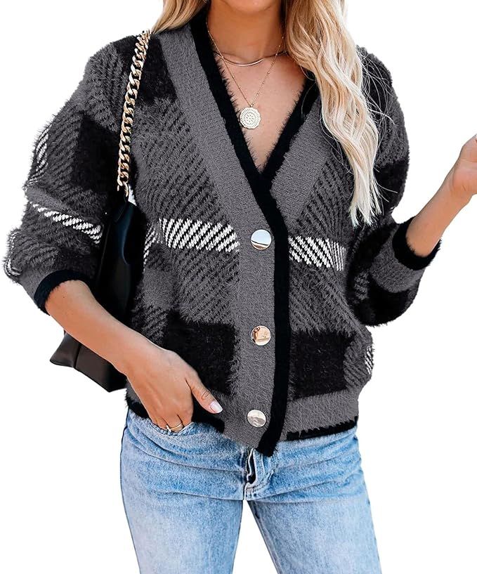 Dokuritu Women's Fuzzy Cardigan Sweaters Button Down Plaid Knit Open Front Cardigans Checkered Lo... | Amazon (US)