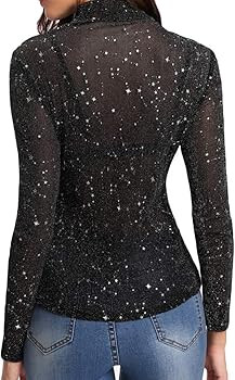 MANGOPOP Women's Long Sleeve Short Sleeve Glitter Sheer Mesh Tops T Shirt Blouse Clubwear | Amazon (US)