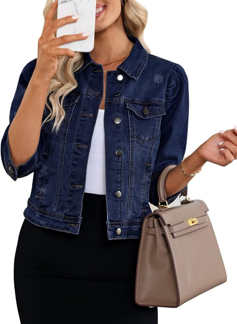 Vetinee Womens Jean Jacket Cropped Denim Jackets Stretchy 3/4 Puff Sleeve Distressed Shacket with... | Amazon (US)