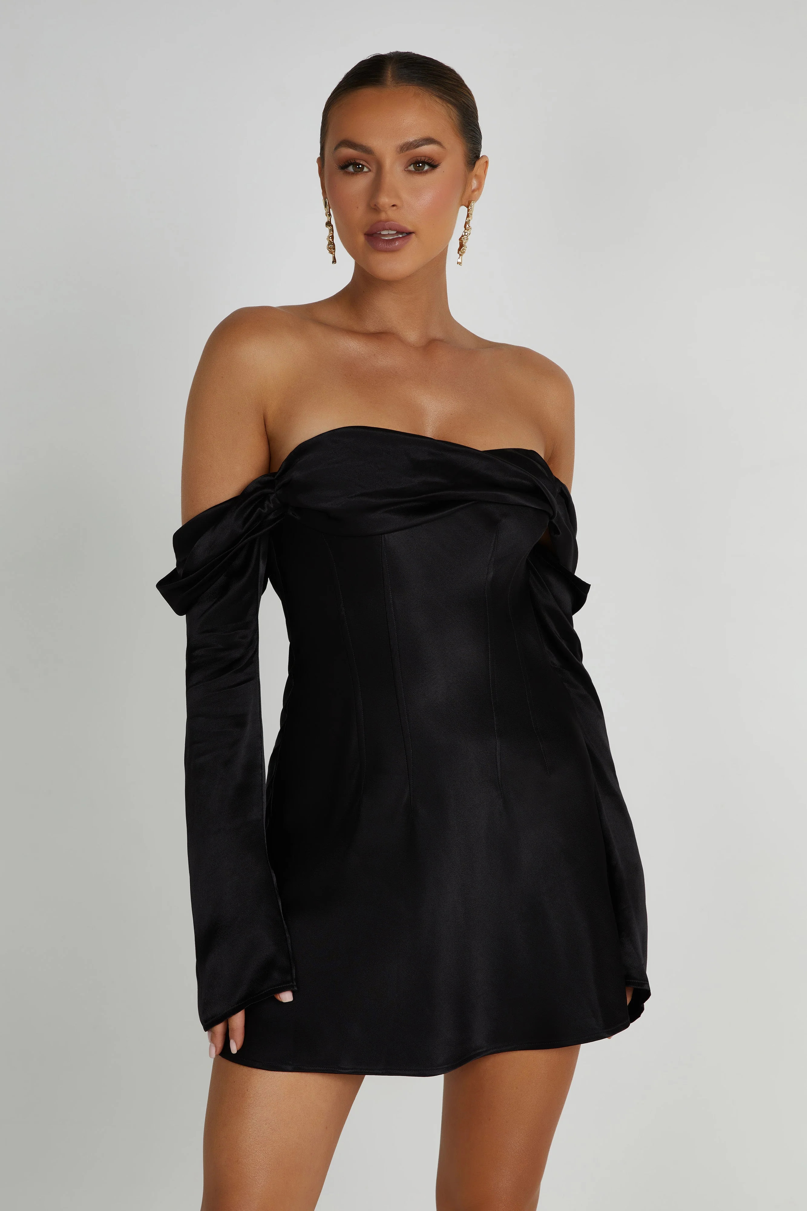 Giselle Off Shoulder Satin Mini Dress - Black | MESHKI US