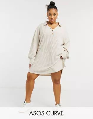 ASOS DESIGN curve super soft rib long sleeve shirt dress in camel | ASOS (Global)