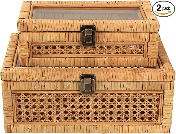 HUAXIN CRAFT H Rattan Decorative Box with Lid, Rectangular Woven with Glass for Display, Set of 2... | Amazon (US)