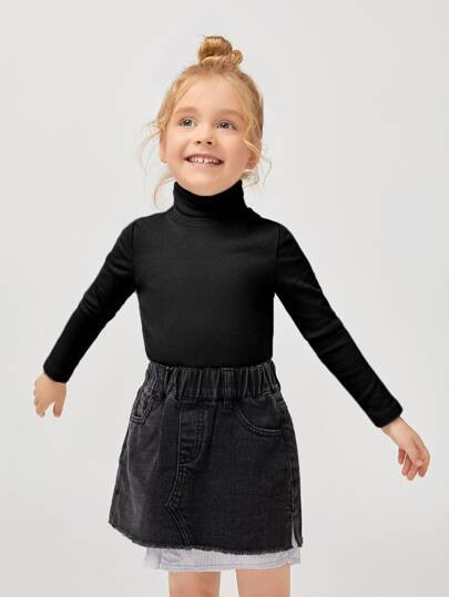 SHEIN BASICS Toddler Girls Rolled Neck Solid Tee | SHEIN