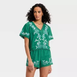 Women's Short Sleeve Cutwork V-Neck Blouse - Universal Thread™ Green XS | Target