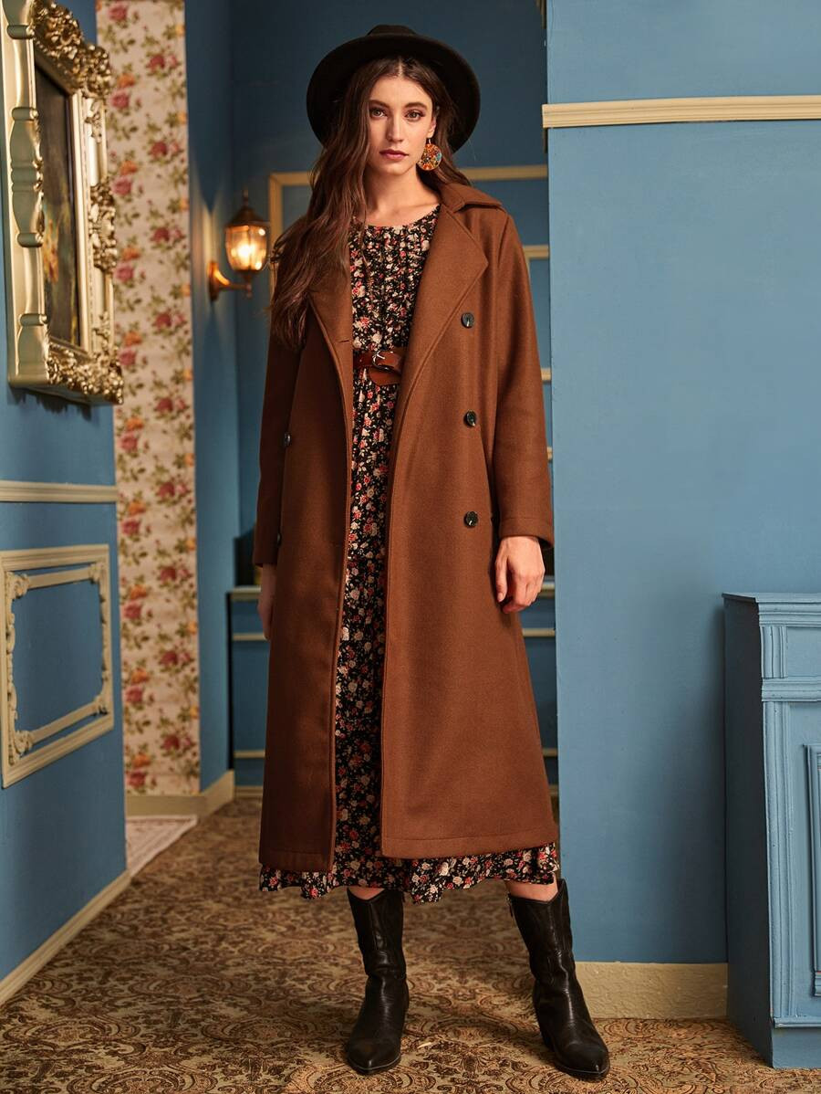 Solid Lapel Collar Double Breasted Longline Coat | SHEIN