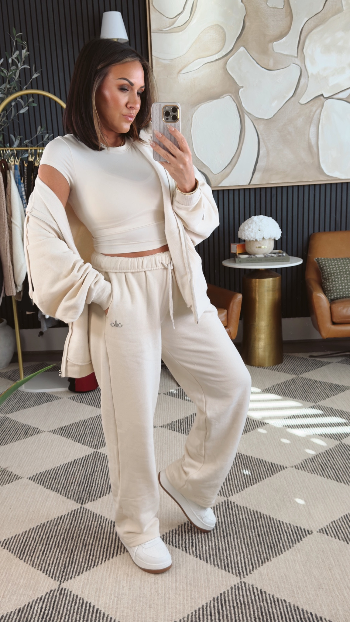 Obsessed with this set. 

Medium in jacket 
xs in tee
Small in sports bra 
XXS in sweatpants 
8.5 in shoes 

#LTKStyleTip #LTKActive #LTKOver40