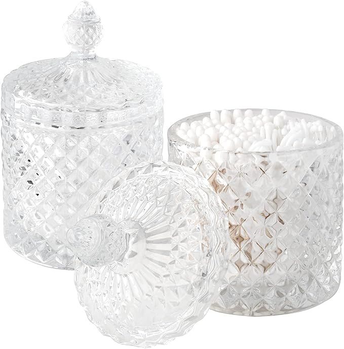 2 Pack Qtip Holder Thick Glass Apothecary Jars with Lid for Bathroom Decor, Clear Cotton Ball Sto... | Amazon (US)