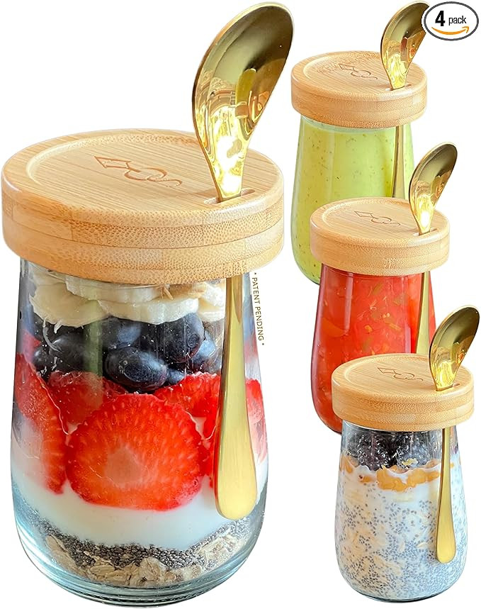 Premium Overnight Oats Containers with Bamboo Lids and Golden Spoons - 16 oz Glass Jars - 4 pack ... | Amazon (US)