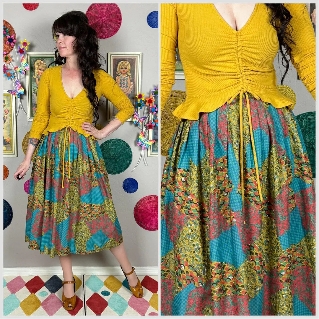 Vintage 1970s Multicolor Patchwork Print High Waist Pleated Skirt by Mikabe | Country | 30" Waist... | Etsy (Global)