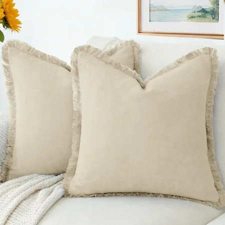 Sanmadrola Throw Pillow Covers Decorative Linen Fringe Throw Pillow Covers Cozy Boho Farmhouse Cushion Cover with Tassels Soft Accent Pillowcase for Couch Sofa Bed Living Room Home Decor 2 Set 18X18 | Walmart (US)