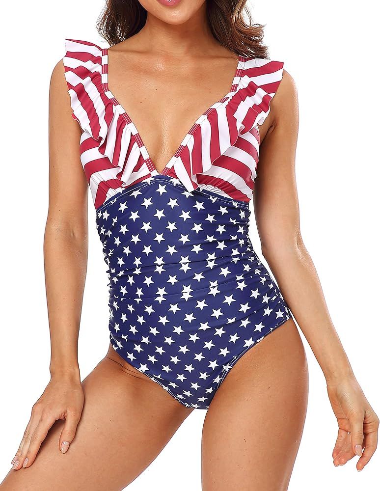SOCIALA Ruffle Tummy Control One Piece Bathing Suits for Women July 4th Ruched Monokini Swimwear V N | Amazon (US)