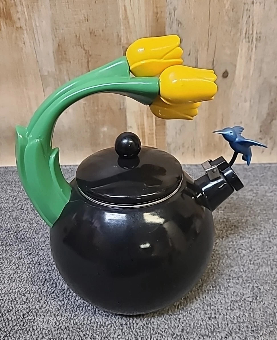Ancona Teapot Hummingbird Yellow Tulip Flower Black Enamel Whistling Tea Kettle  | eBay | eBay US
