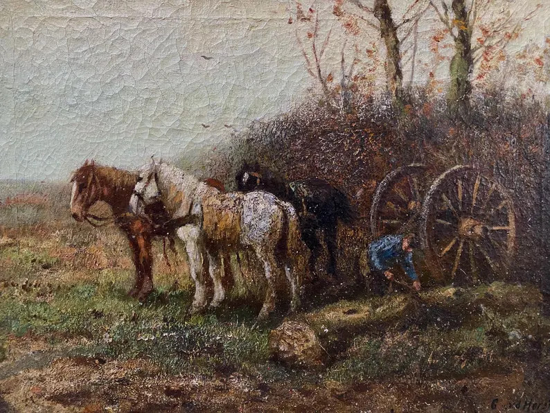 19th Century Farmer Horses Oil Painting, Original Dutch, Moody Countryside, Shabby Chic, Gold Fra... | Etsy (US)