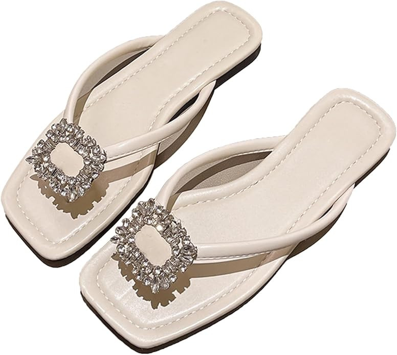 Women's Fashion Leather Flat Flip Flops with Sparkly Rhinestone Summer Comfortable Clip Toe Beach... | Amazon (US)