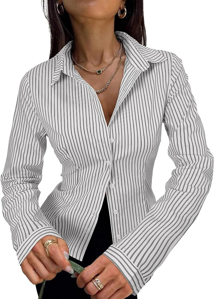 Women's Striped Button Down Shirts Flare Sleeve Slim Fit Blouses V Neck Collared Y2k Crop Tops St... | Amazon (US)