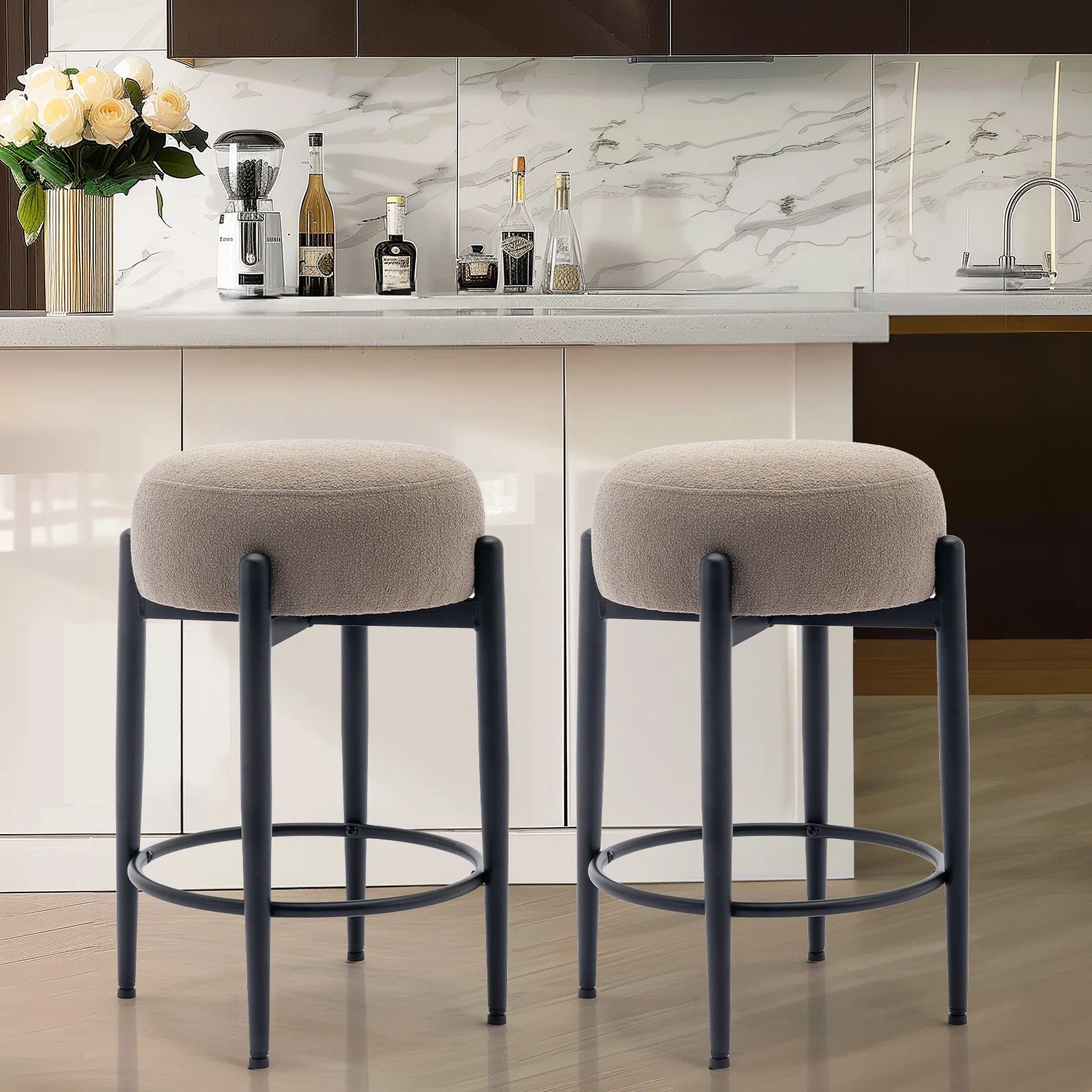 Carie 24" Sherpa Upholstered Counter Stool - Soft & Stylish Bar Stool, Multiple Colors, Modern Kitchen & Island Seating (Set of 2) | Wayfair North America