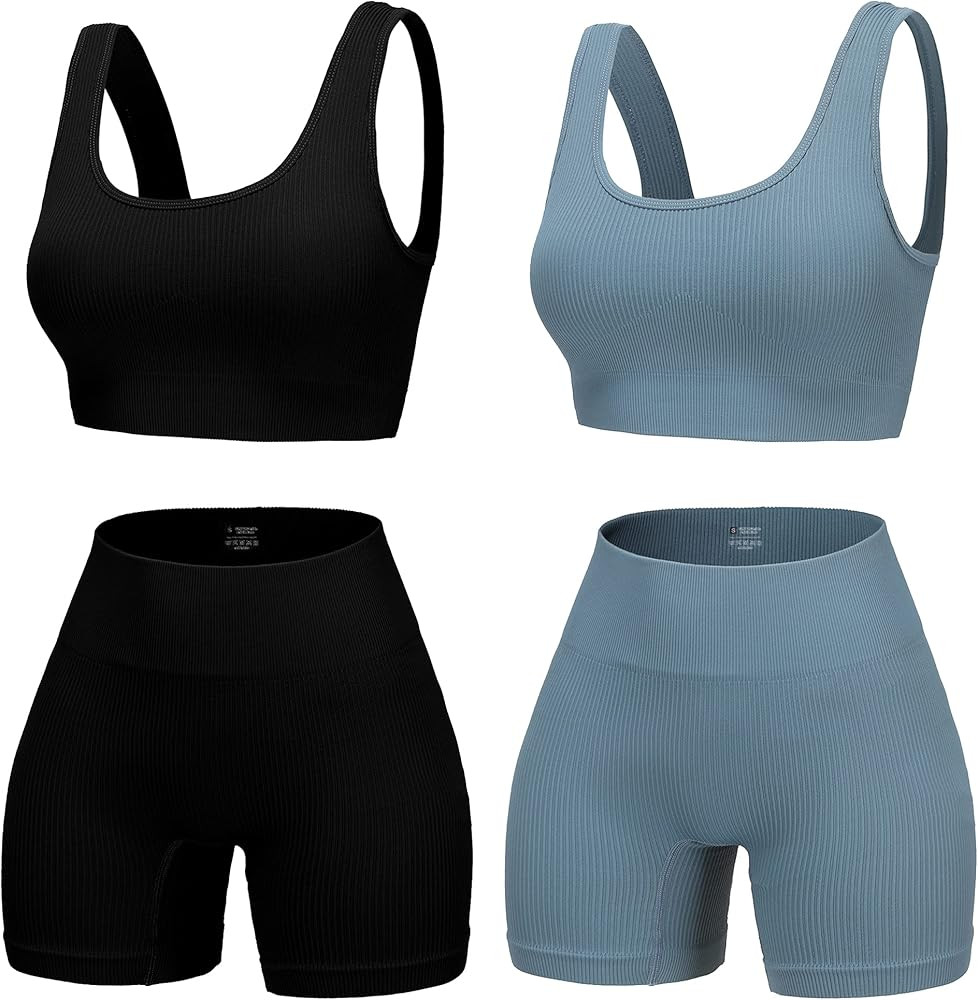 4 Piece Workout Sets for Women Seamless Ribbed High Waist Yoga shorts with Sports Bra Outfits | Amazon (US)