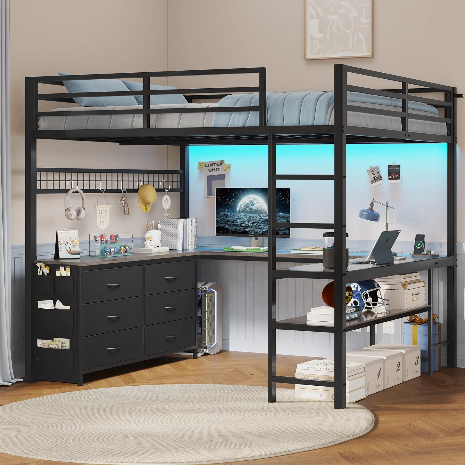 Loft Bed Full Size With U-shaped Desk, 6 Storage Drawers, Power Outlet, Led Metal Loft Bed With 2 Storage Shelves, Bed With Safety Guardrail & Ladders | Wayfair North America