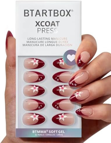 BTArtbox Press On Nails Short - Rococo Bloom, Red 3D Flower Pearl Almond French Tip Press On Nail... | Amazon (US)