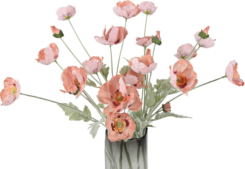 IPOPU Coral Poppy Flowers Artificial 6pcs Real Touch Artificial Poppy Flowers Latex Silk Flower w... | Amazon (US)