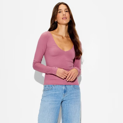 Women's Long Sleeve V-Neck Shirt - Wild Fable™ Mauve L | Target