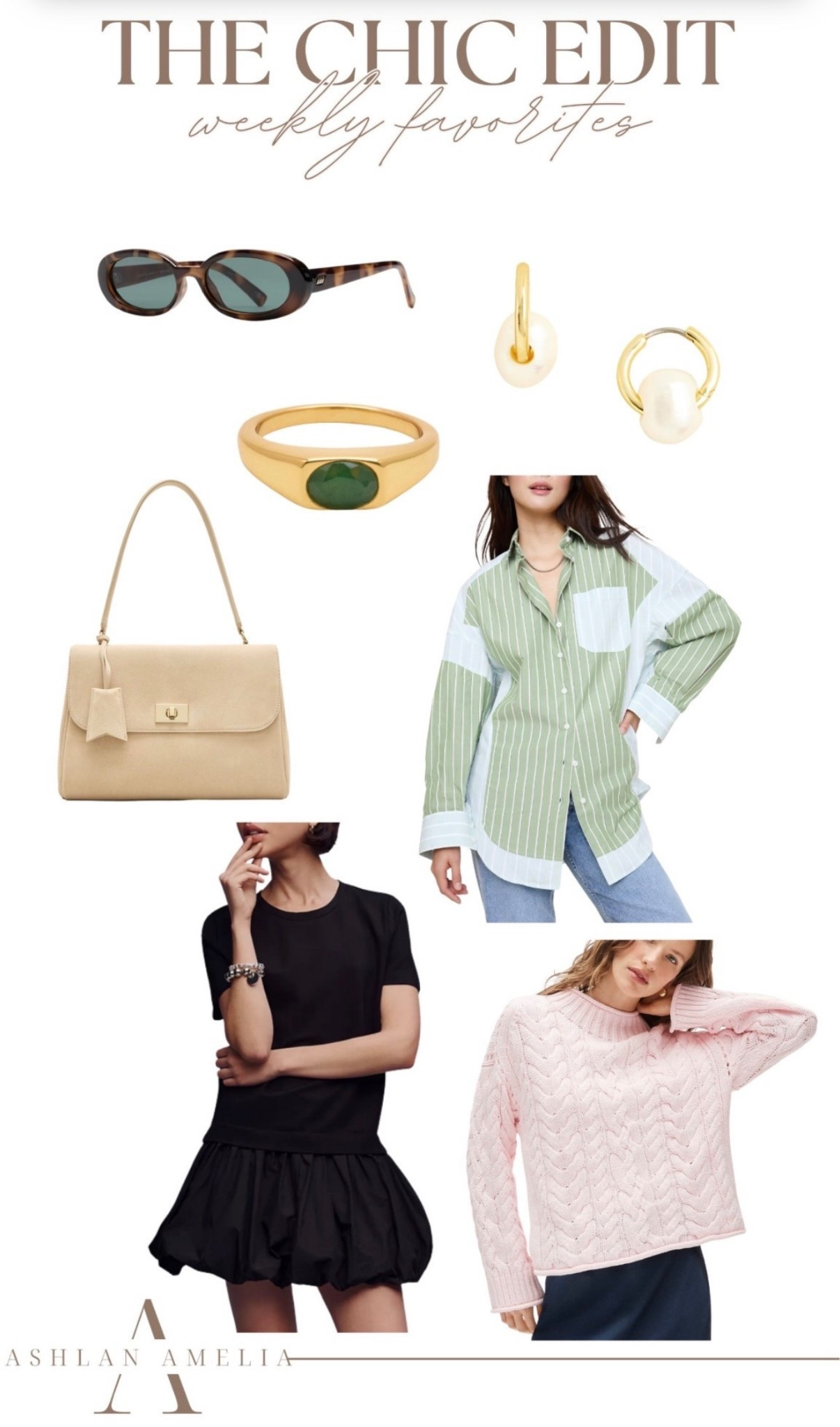sunglasses, pearl earrings, gold ring, green striped button down, nude handbag, black dress, pink rollback sweater, chic outfit, spring outfit 

#LTKgrwm #LTKootd #LTKSeasonal