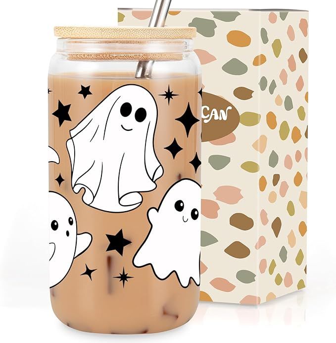 Coolife Ghost Halloween Cup, 16 oz Tumbler Glass Cups w/Lids Straws - Spooky Iced Coffee Cup, Smo... | Amazon (US)