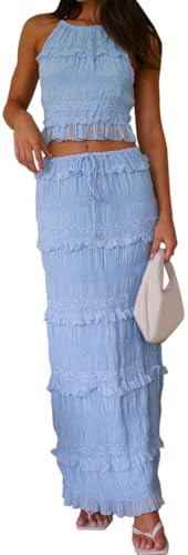 Womens Y2k Maxi Skirt Set Backless Lace Halter Crop Top and Long Skirt Sets Beach Cocktail Club D... | Amazon (US)