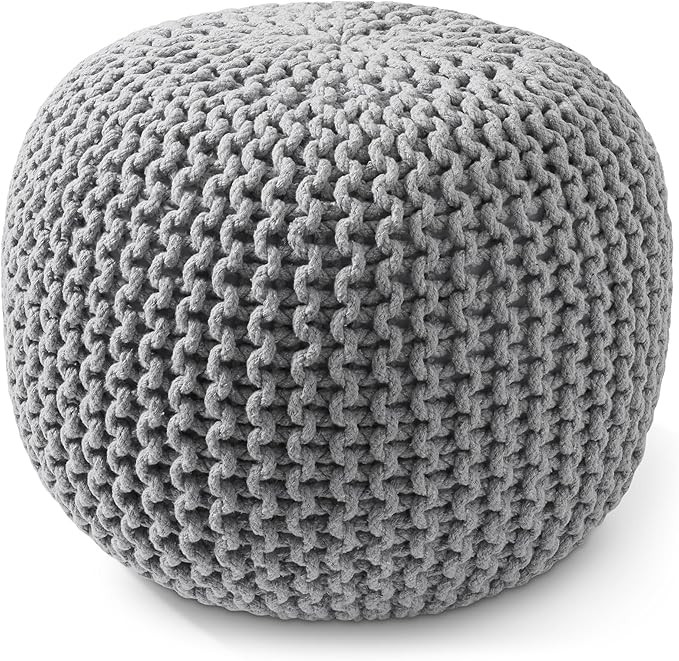 Round Pouf Ottoman, Light Gray - 20" Diameter x 14.5" High Cotton Knit Foot Stool - Boho Floor Po... | Amazon (US)