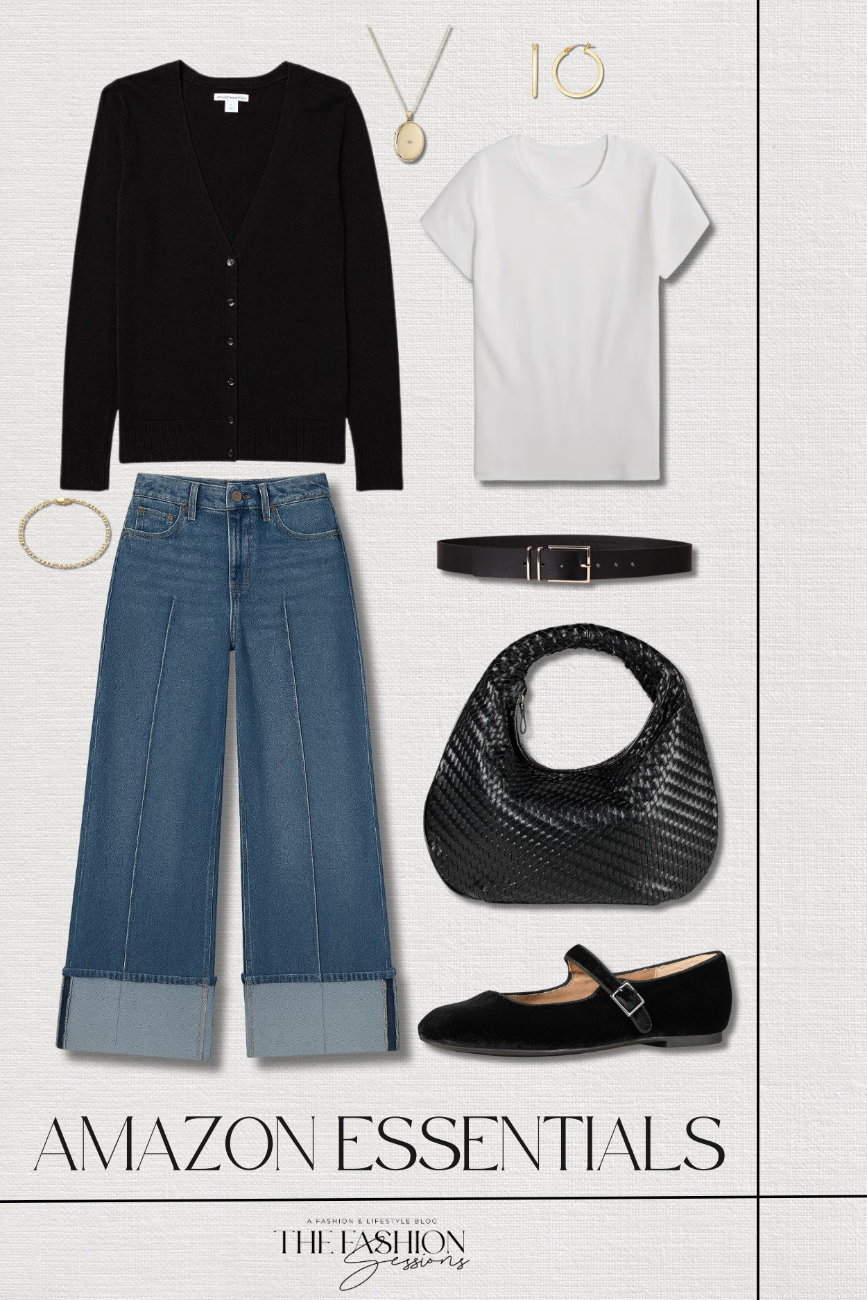 Looking for versatile pieces for your wardrobe? Check out these Amazon Essentials! They bring style and functionality at prices you can't beat!
wide leg cuffed jeans | v-neck cardigan | short-sleeve tee | ballet flats | woven shoulder bag | dress belt | pendant necklace | hoop earrings | gold bracelet | winter outfit | winter essentials | casual outfit 

 #LTKootd #LTKOver40 #LTKFindsUnder50