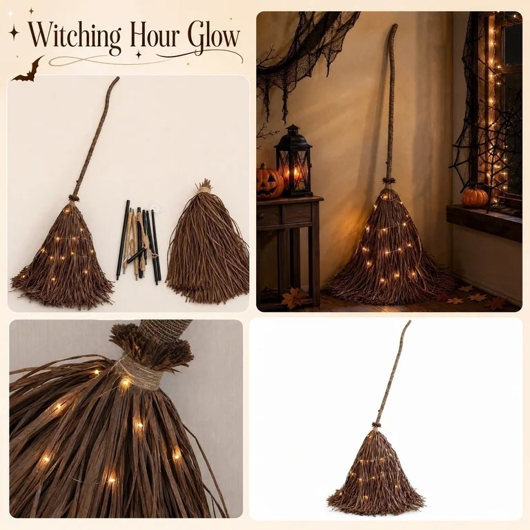 Halloween Lighted Witch Broom Decoration, 63in Glowing Straw Witch Broom with LED Lights, Hanging... | Walmart (US)