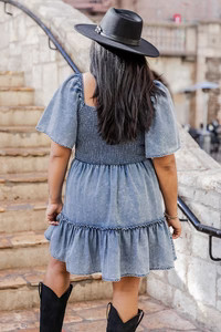 Cowgirl Casanova Puff Sleeve Chambray Smocked Mini Dress | Pink Lily