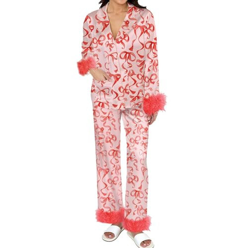 Cjfdfy Women's Feather Pajamas with Pockets, Long Sleeve Button Up Shirt and Pants 2 Piece Pj Set Trendy Sleepwear Outfits (Christmas Pink with Red Bow Print, L) | Amazon (US)