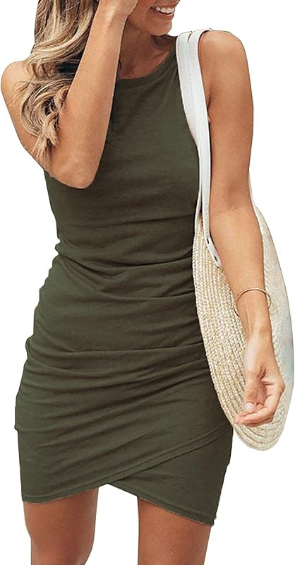 BTFBM Women 2023 Summer Sleeveless Tank Dresses Crew Neck Slim Fit Short Casual Ruched Bodycon Pa... | Amazon (US)